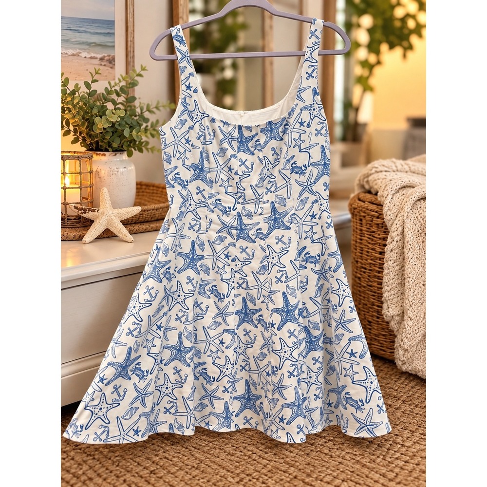 Avec Les Filles Linen Blend Starfish Nautical Print Fit & Flare Dress Blue White